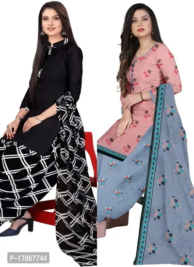 Black  Pink Crepe Printed Dress Material with Dupatta For Women (Combo pack of 2)-thumb0