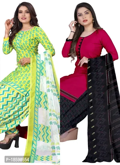 Yellow  Pink Crepe Printed Dress Material with Dupatta For Women (Combo pack of 2)