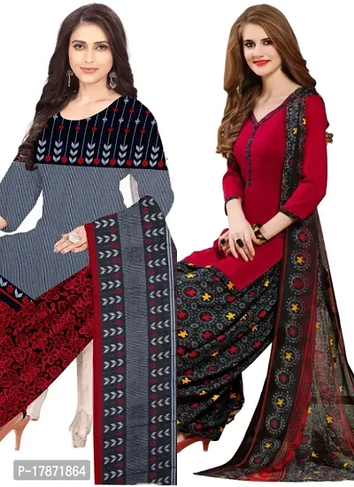 Grey  Red Crepe Printed Dress Material with Dupatta For Women (Combo pack of 2)