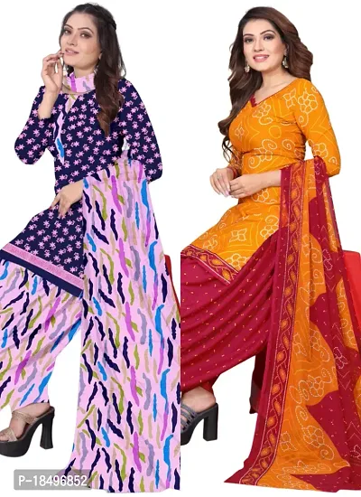 Blue  Orange Crepe Printed Dress Material with Dupatta For Women (Combo pack of 2)-thumb0