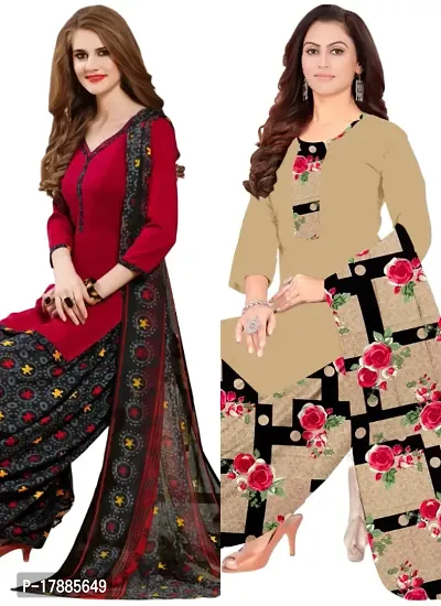 Red  Beige Crepe Printed Dress Material with Dupatta For Women (Combo pack of 2)