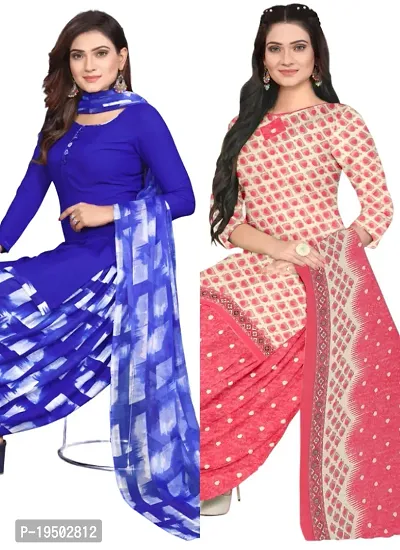 Blue  Pink Crepe Printed Dress Material with Dupatta For Women (Combo pack of 2)