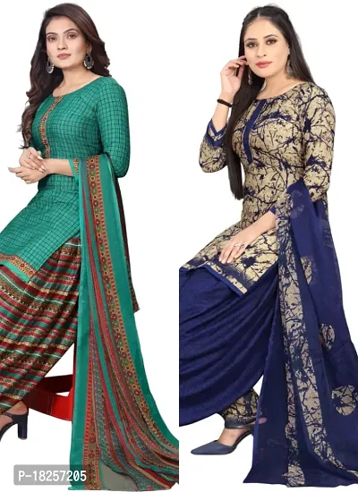 Turquoise  Beige Crepe Printed Dress Material with Dupatta For Women (Combo pack of 2)