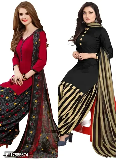 Red  Black Crepe Printed Dress Material with Dupatta For Women (Combo pack of 2)-thumb0