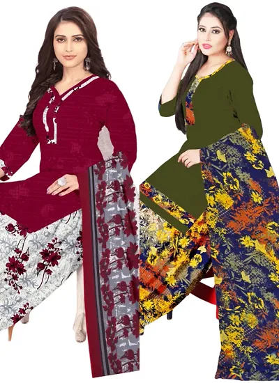 Stylish Cotton Blend Printed Unstitched Suits - Pack Of 2