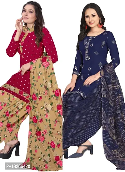 Red  Navy Blue Crepe Printed Dress Material with Dupatta For Women (Combo pack of 2)