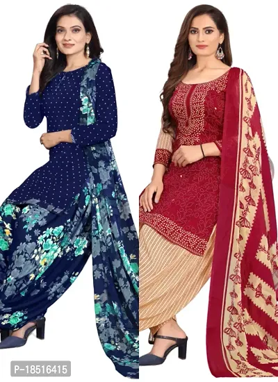 Navy Blue  Red Crepe Printed Dress Material with Dupatta For Women (Combo pack of 2)