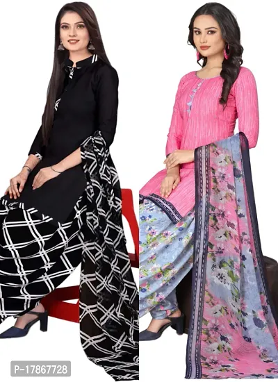 Black  Pink Crepe Printed Dress Material with Dupatta For Women (Combo pack of 2)