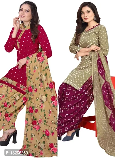 Red  Multicolor Crepe Printed Dress Material with Dupatta For Women (Combo pack of 2)-thumb0