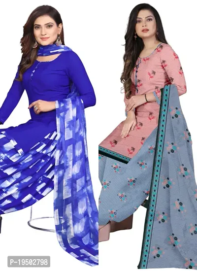 Blue  Pink Crepe Printed Dress Material with Dupatta For Women (Combo pack of 2)-thumb0