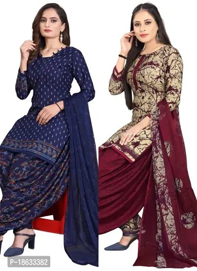 Navy Blue  Beige Crepe Printed Dress Material with Dupatta For Women (Combo pack of 2)