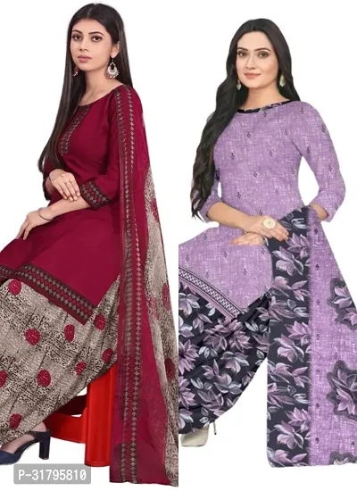 Elegant Multicoloured Cotton Printed Dress Material with Dupatta For Women (Combo Pack of 2)-thumb0