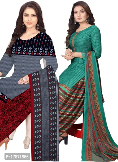 Grey  Turquoise Crepe Printed Dress Material with Dupatta For Women (Combo pack of 2)-thumb0