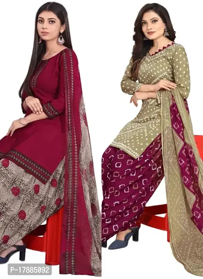 Maroon  Multicolor Crepe Printed Dress Material with Dupatta For Women (Combo pack of 2)-thumb0