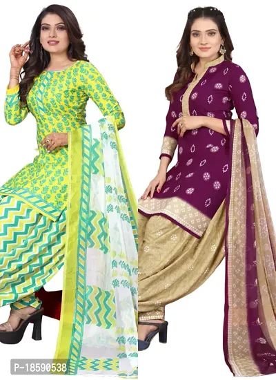 Yellow  Purple Crepe Printed Dress Material with Dupatta For Women (Combo pack of 2)-thumb0