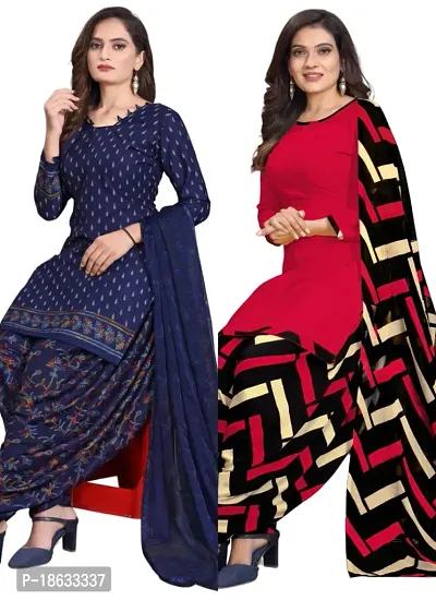 Navy Blue  Red Crepe Printed Dress Material with Dupatta For Women (Combo pack of 2)