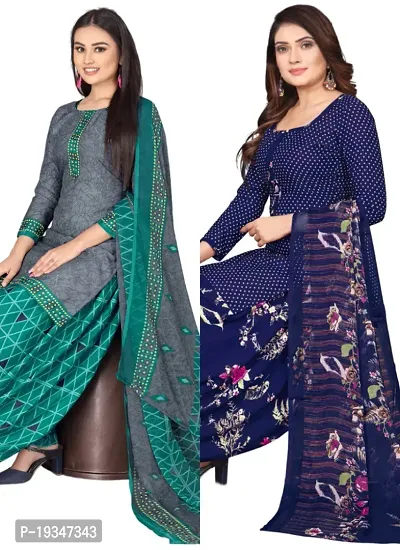 Grey  Navy Blue Crepe Printed Dress Material with Dupatta For Women (Combo pack of 2)