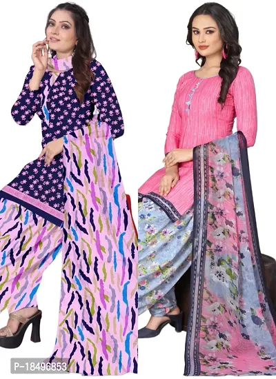 Blue  Pink Crepe Printed Dress Material with Dupatta For Women (Combo pack of 2)