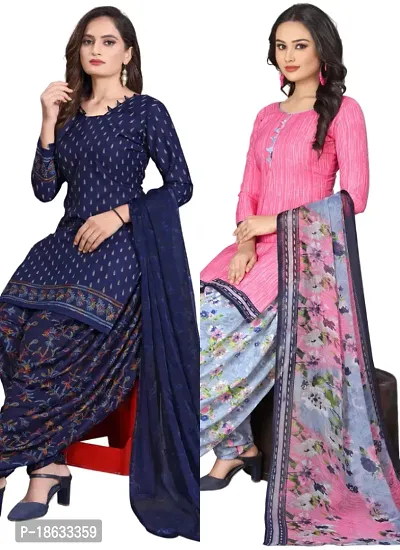 Navy Blue  Pink Crepe Printed Dress Material with Dupatta For Women (Combo pack of 2)