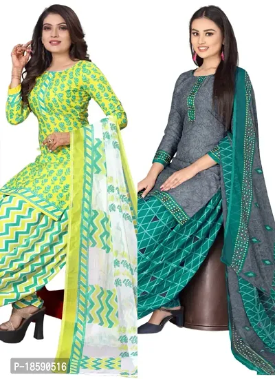 Yellow  Grey Crepe Printed Dress Material with Dupatta For Women (Combo pack of 2)