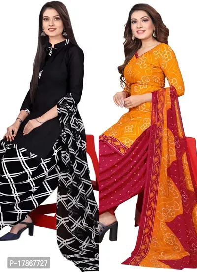 Black  Orange Crepe Printed Dress Material with Dupatta For Women (Combo pack of 2)