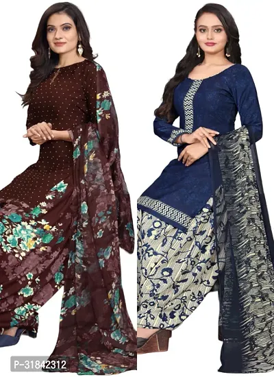 Elegant Multicoloured Cotton Printed Dress Material with Dupatta For Women (Combo Pack of 2)-thumb0