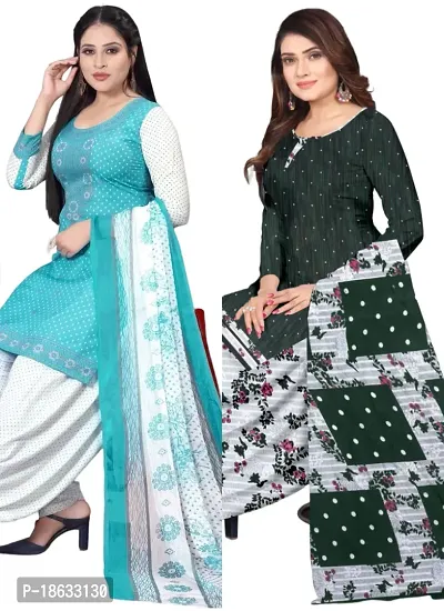 Sea Green  Green Crepe Printed Dress Material with Dupatta For Women (Combo pack of 2)-thumb0