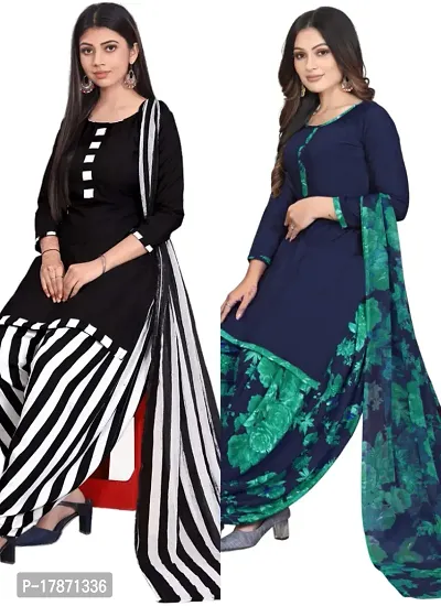 Black  Blue Crepe Printed Dress Material with Dupatta For Women (Combo pack of 2)