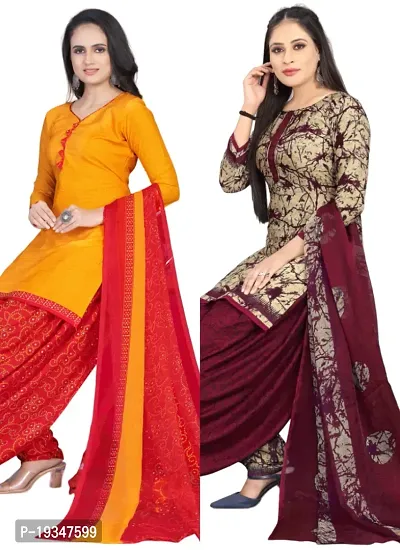 Yellow  Beige Crepe Printed Dress Material with Dupatta For Women (Combo pack of 2)