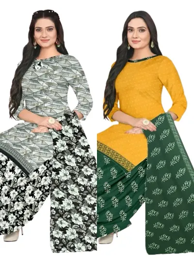 Stylish Cotton Blend Printed Unstitched Suits - Pack Of 2