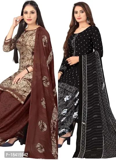 Beige  Black Crepe Printed Dress Material with Dupatta For Women (Combo pack of 2)