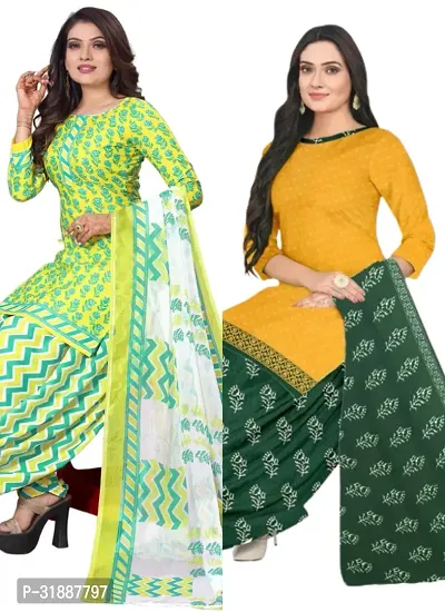 Elegant Multicoloured Cotton Printed Dress Material with Dupatta For Women (Combo Pack of 2)-thumb0