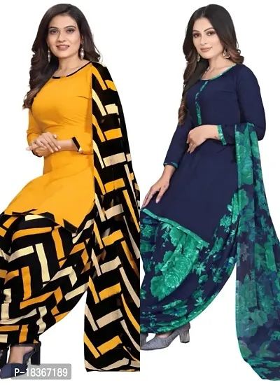 Yellow  Blue Crepe Printed Dress Material with Dupatta For Women (Combo pack of 2)