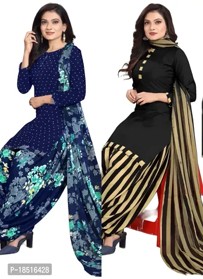 Navy Blue  Black Crepe Printed Dress Material with Dupatta For Women (Combo pack of 2)