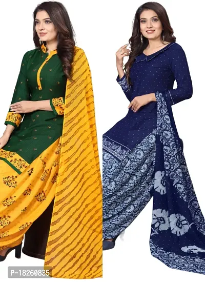 Green  Navy Blue Crepe Printed Dress Material with Dupatta For Women (Combo pack of 2)