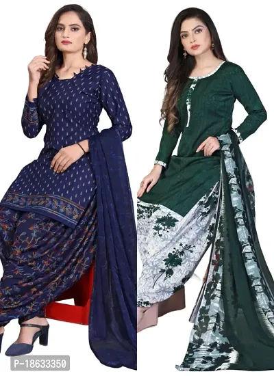 Navy Blue  Green Crepe Printed Dress Material with Dupatta For Women (Combo pack of 2)