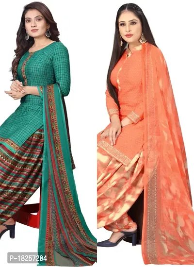 Turquoise  Orange Crepe Printed Dress Material with Dupatta For Women (Combo pack of 2)