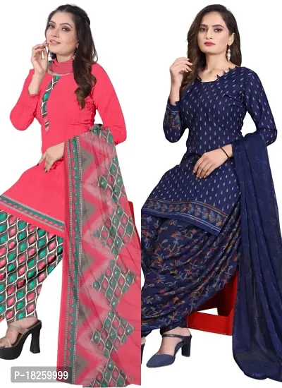 Pink  Navy Blue Crepe Printed Dress Material with Dupatta For Women (Combo pack of 2)-thumb0