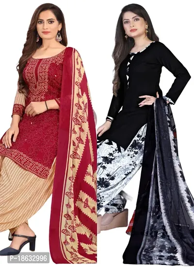 Red  Black Crepe Printed Dress Material with Dupatta For Women (Combo pack of 2)