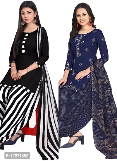 Black  Navy Blue Crepe Printed Dress Material with Dupatta For Women (Combo pack of 2)