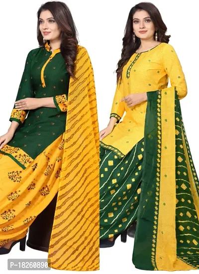 Green  Yellow Crepe Printed Dress Material with Dupatta For Women (Combo pack of 2)-thumb0