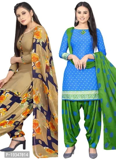 Beige  Blue Crepe Printed Dress Material with Dupatta For Women (Combo pack of 2)