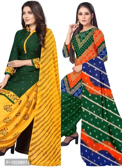 Green  Multicolor Crepe Printed Dress Material with Dupatta For Women (Combo pack of 2)