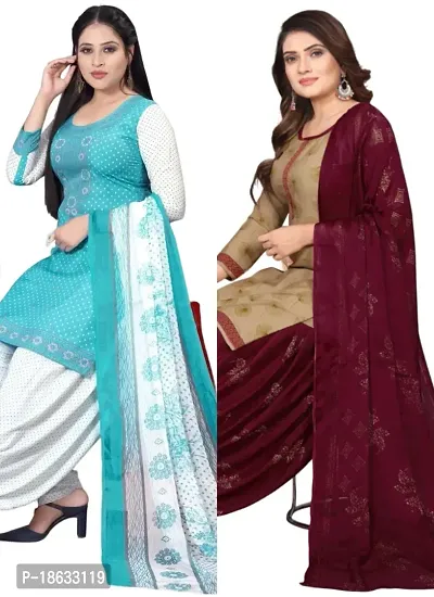 Sea Green  Beige Crepe Printed Dress Material with Dupatta For Women (Combo pack of 2)-thumb0