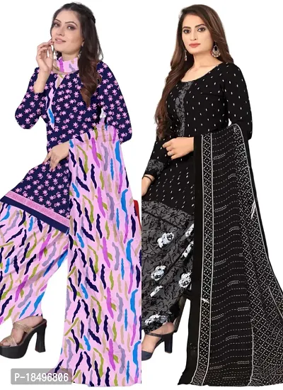 Blue  Black Crepe Printed Dress Material with Dupatta For Women (Combo pack of 2)