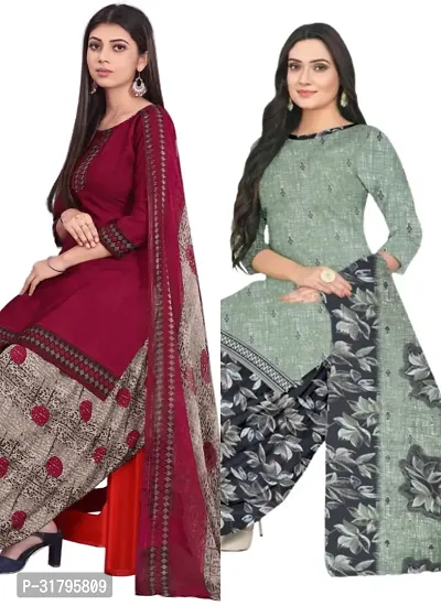 Elegant Multicoloured Cotton Printed Dress Material with Dupatta For Women (Combo Pack of 2)