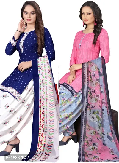 Navy Blue  Pink Crepe Printed Dress Material with Dupatta For Women (Combo pack of 2)