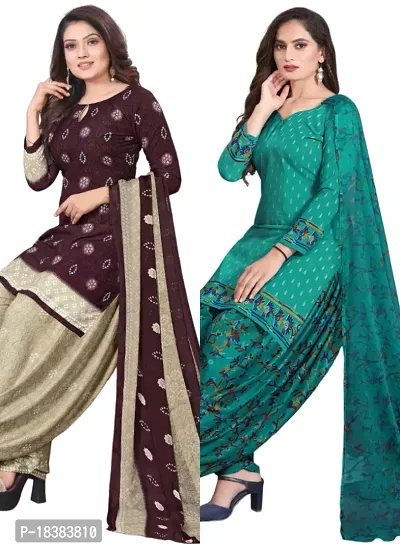 Wine  Teal Crepe Printed Dress Material with Dupatta For Women (Combo pack of 2)-thumb0