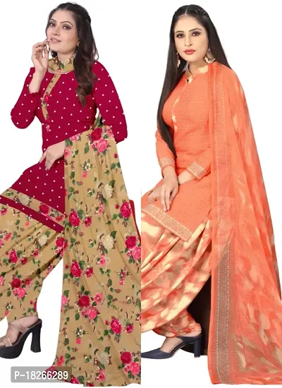 Red  Orange Crepe Printed Dress Material with Dupatta For Women (Combo pack of 2)