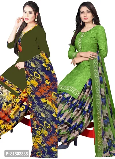 Elegant Multicoloured Cotton Printed Dress Material with Dupatta For Women (Combo Pack of 2)-thumb0